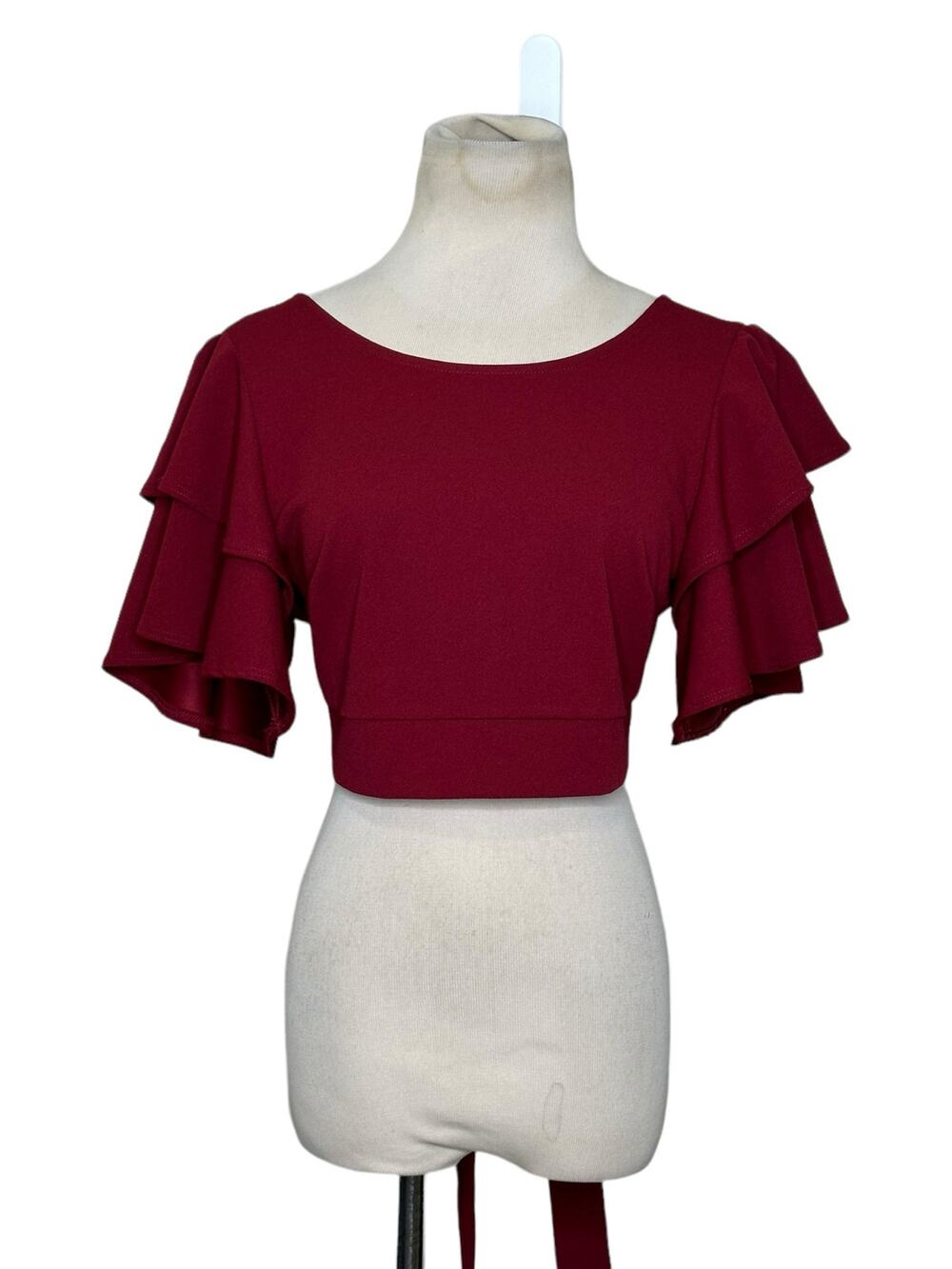 Cameo red short bell sleeves back tie crop blouse size Large